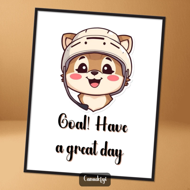 Funny Free Printable Wall Art: Animal in hockey helmet smiling broadly, radiating sports enthusiasm and cheer. Downloadable decor.