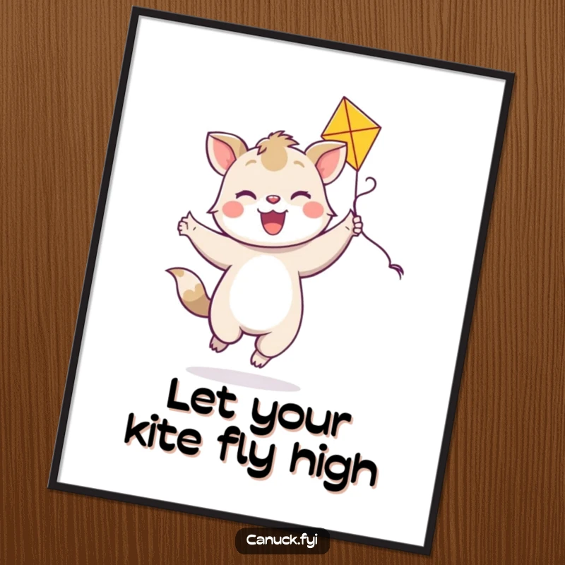 Funny Free Printable Wall Art: A joyful animal with a bright smile dances energetically with a colorful kite, joyful downloadable art.