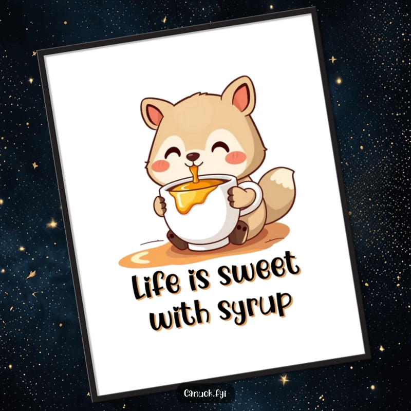 Funny Free Printable Wall Art: A stylized animal holds a cup of steaming maple syrup, creating a cozy and inviting atmosphere.