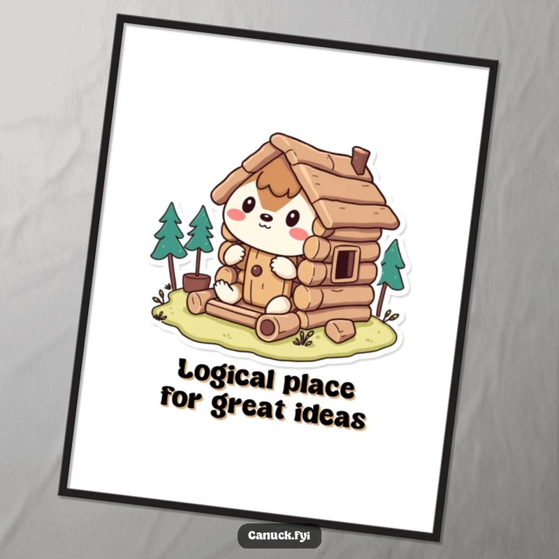 Funny Free Printable Wall Art: Stylized animal humorously building a tiny log cabin, a hilarious downloadable decor.