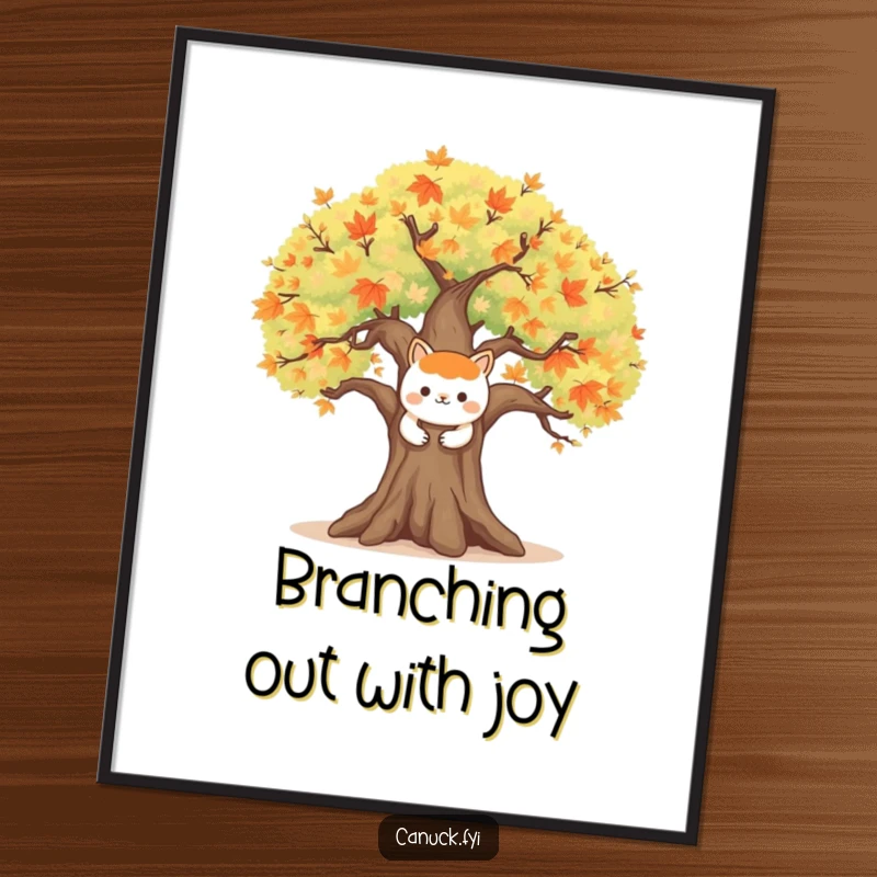 Funny Free Printable Wall Art: Happy animal character embracing a large, symbolic maple tree, radiating warmth and connection. Downloadable decor.