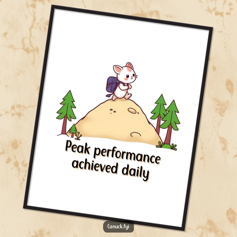 Funny Free Printable Wall Art of a creature with a backpack hiking a small hill, embodying adventure and perseverance.