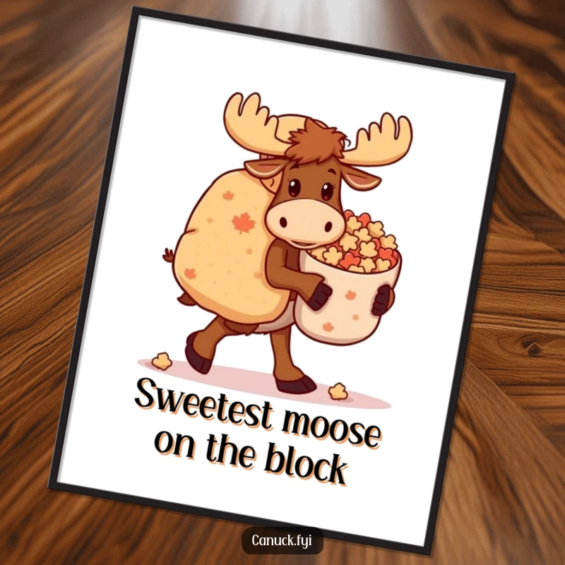 Funny Free Printable Wall Art: A moose wobbles along carrying a huge sack overflowing with maple candies.