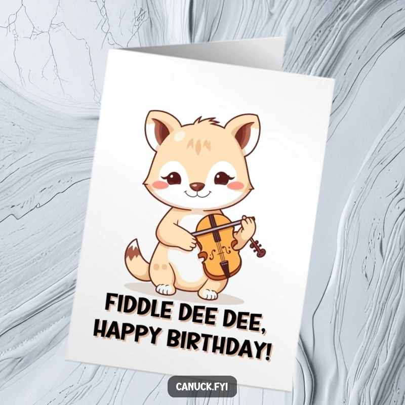 Funny Free Printable Birthday Card featuring a determined animal playing a tiny fiddle with cheerful precision, ready to celebrate. A downloadable gift.
