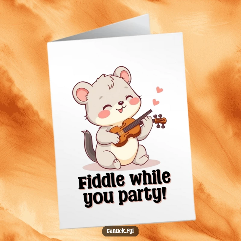 Funny Free Printable Birthday Card featuring a joyful animal playing a tiny fiddle with enthusiasm and musical flair.