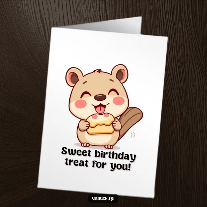 Funny Free Printable Birthday Card: A grinning animal character politely offers a delicious beaver tail pastry.