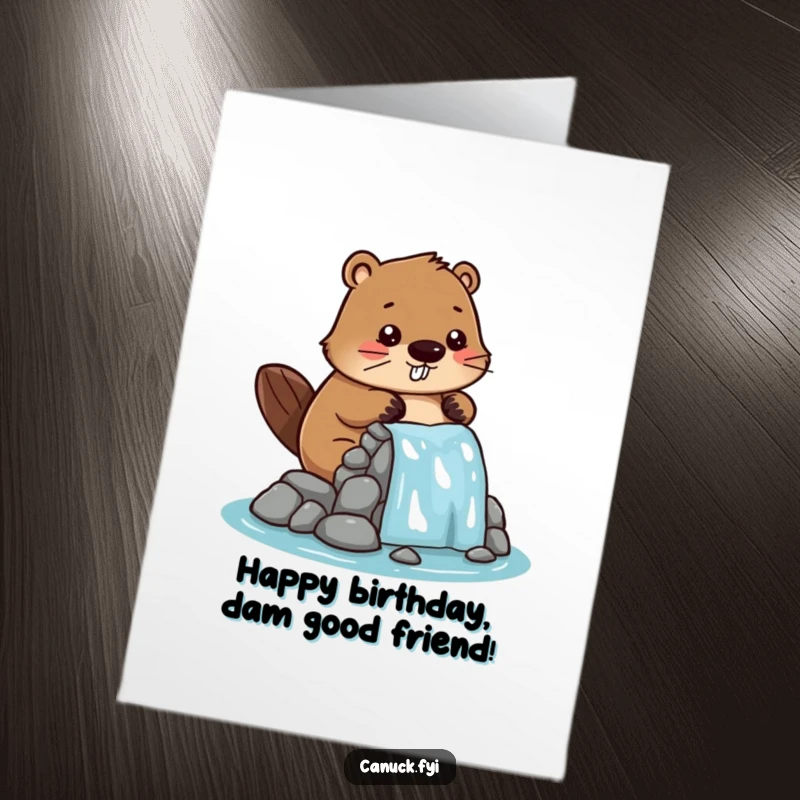 Funny Free Printable Birthday Card: a stylized beaver character diligently building a miniature dam with a proud, happy expression. A downloadable gift.