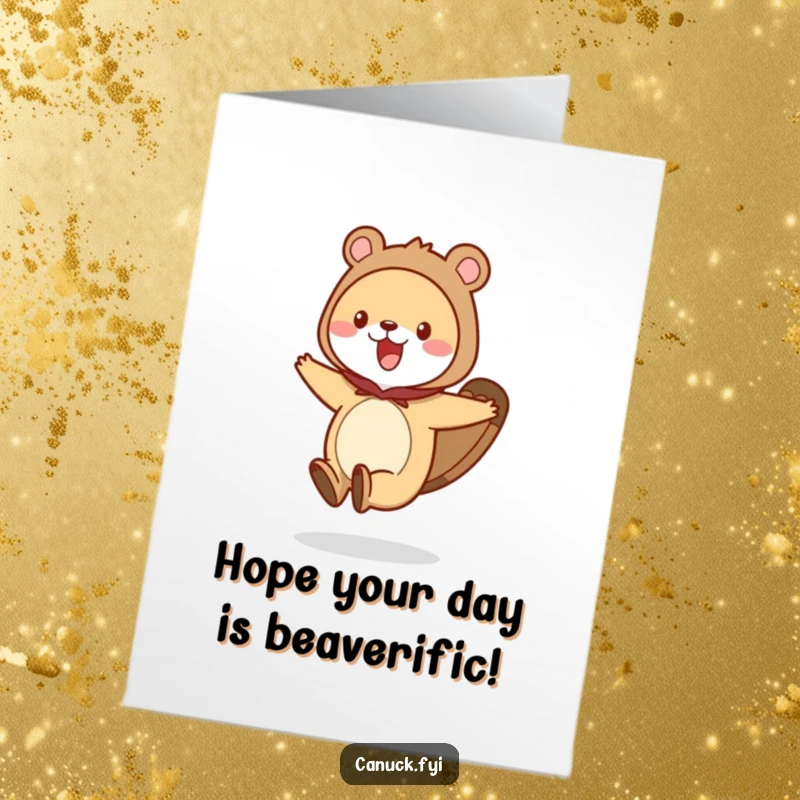 Funny Free Printable Birthday Card: An energetic animal in a beaver tail costume hops with excitement, ready to celebrate your birthday.