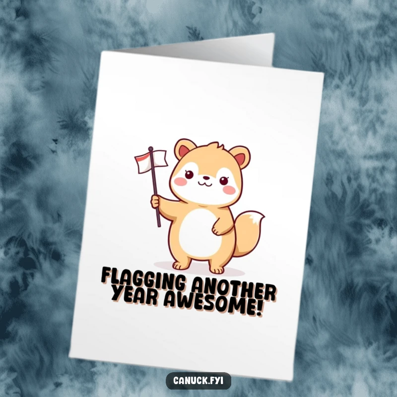 Funny Free Printable Birthday Card: A happy animal proudly holds a small flag, ready to celebrate your special day with a smile.