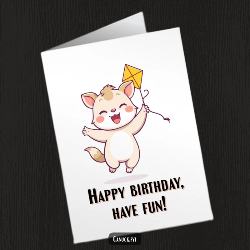 Funny Free Printable Birthday Card: Joyful animal with bright smile dances with a colorful kite, a fun downloadable gift.