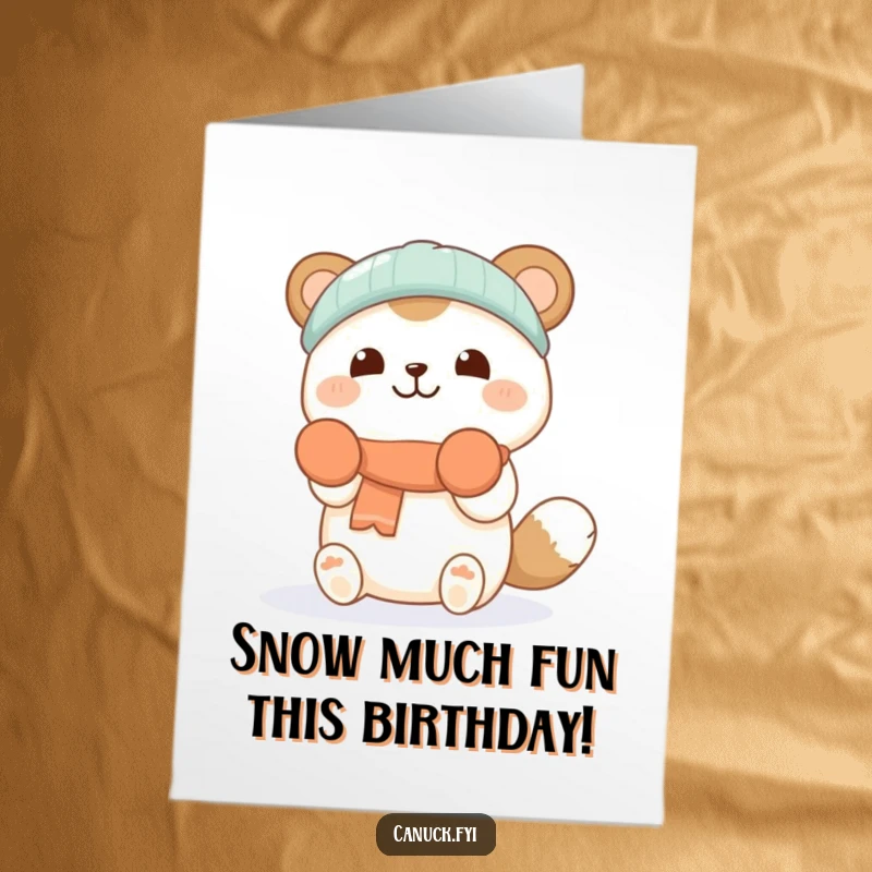 Funny Free Printable Birthday Card featuring a cute animal in mittens joyfully catching snowflakes, spreading winter cheer.
