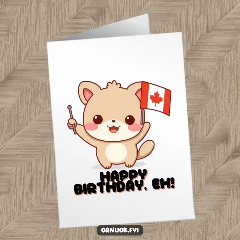 Funny Free Printable Birthday Card of a happy animal character enthusiastically waving a small flag with a maple leaf design.