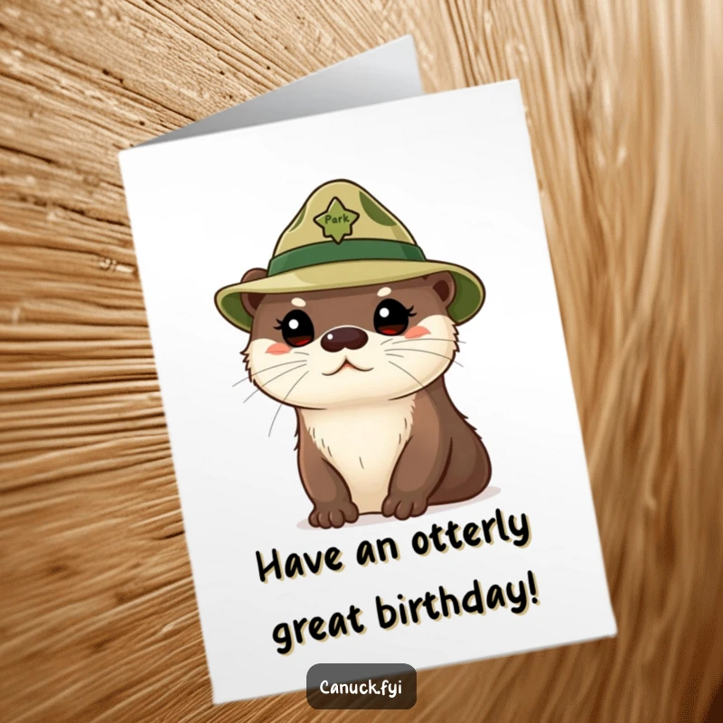 Funny Free Printable Birthday Card: A cute otter in a park ranger hat looks curious, ready for birthday exploration.