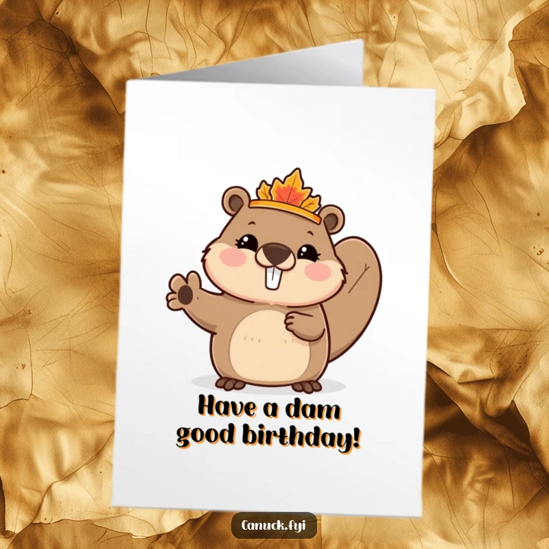 Funny Free Printable Birthday Card with a cute beaver wearing a tiny maple leaf crown, waving enthusiastically for a birthday.
