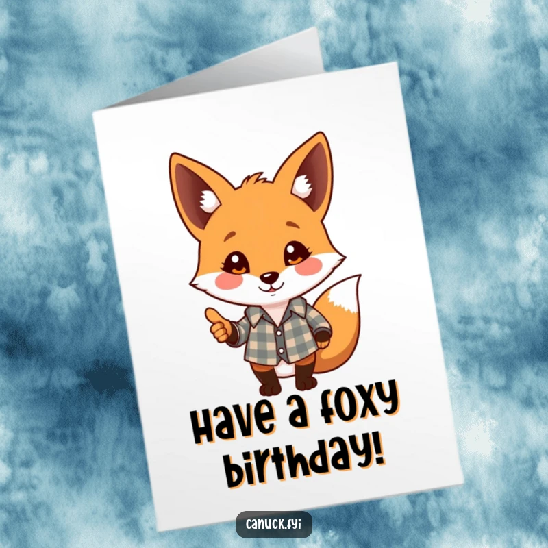 Funny Free Printable birthday card featuring a playful fox in a plaid shirt giving a friendly nod, looking dapper.