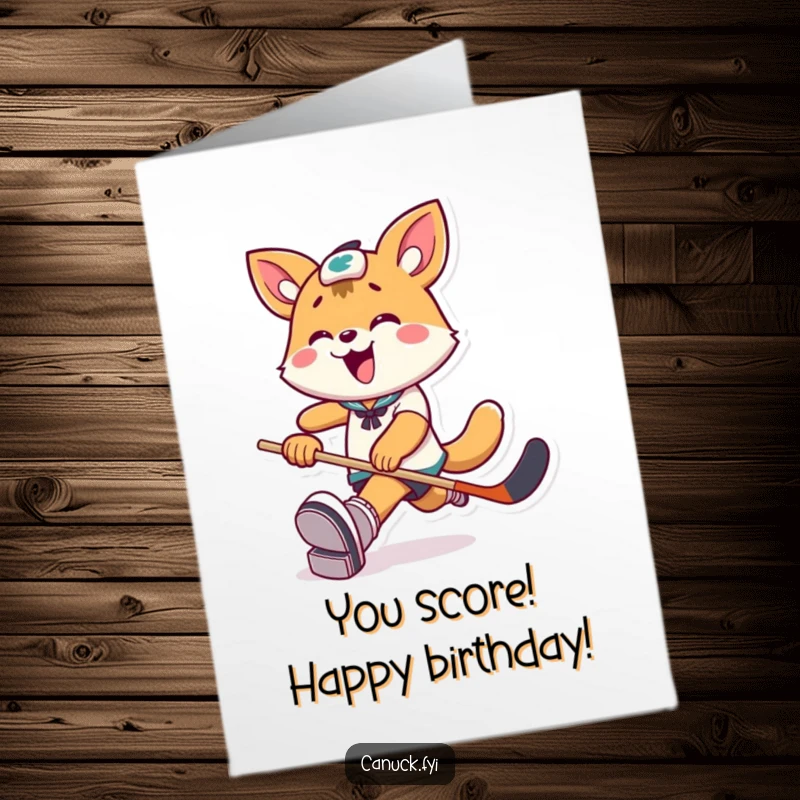 Funny Free Printable Birthday Card: Playful animal joyfully kicks a hockey puck, a perfect downloadable gift.
