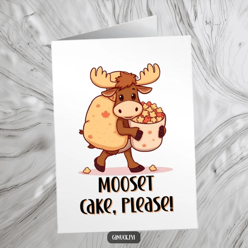 Funny Free Printable Birthday Card: A moose with a goofy walk carries a big bag of maple candies.