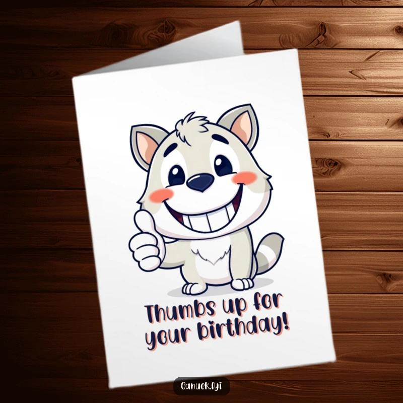 Funny Free Printable birthday card featuring a happy animal mascot with a wide grin and a big thumbs up gesture.