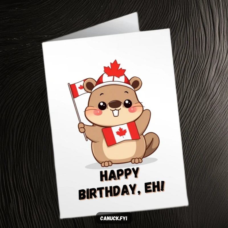 Funny Free Printable Birthday Card: Cute beaver in maple leaf hat waves Canadian flag, perfect for birthday cheer.