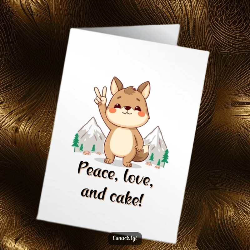 Funny Free Printable Birthday Card: Proud animal character makes peace sign beside mountains, perfect for birthday wishes.