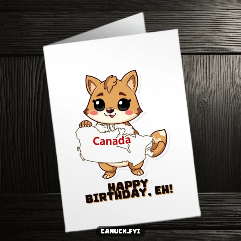 Funny Free Printable Birthday Card: A stylized animal strikes a confident pose holding a map of Canada, ready for a bash.