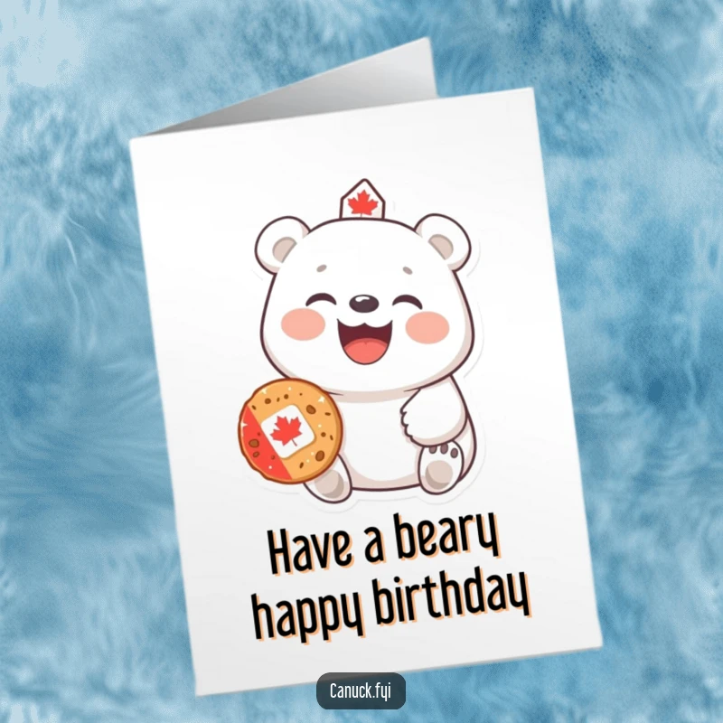 Funny Free Printable Birthday Card: A laughing polar bear offers a delicious Canadian cookie with a smile.