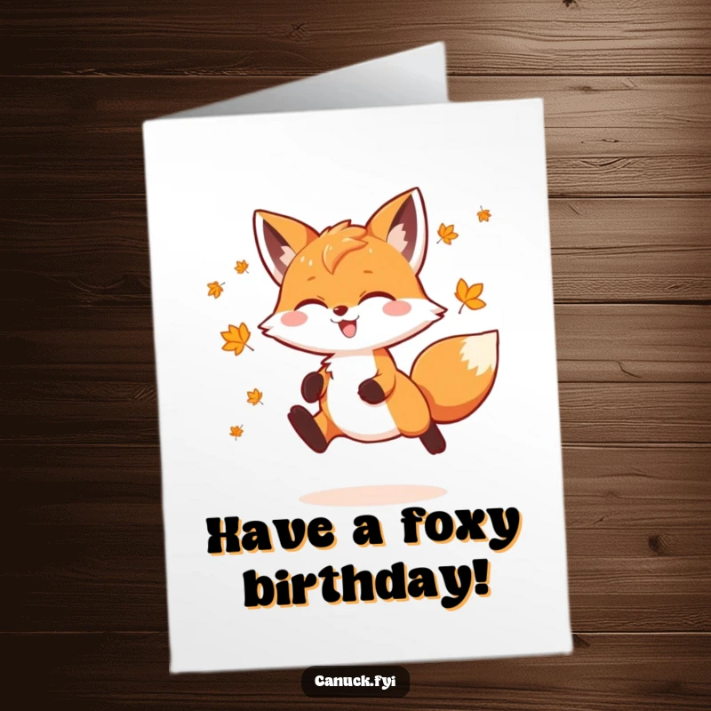 Funny Free Printable Birthday Card with a playful fox decorated with maple leaves doing a joyful leap for a birthday celebration.