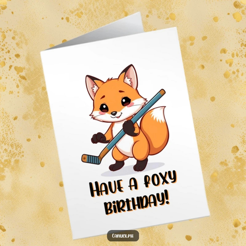 Funny Free Printable Birthday Card: Playful fox balances hockey stick, ready to score a birthday goal.