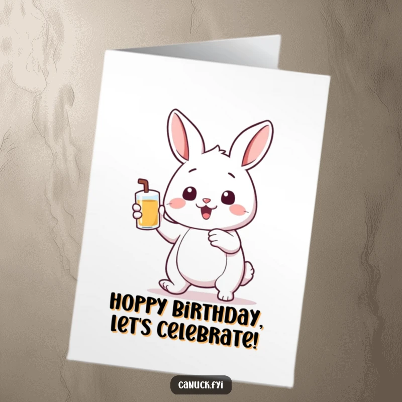 Funny Free Printable Birthday Card: Bouncing rabbit with big ears holding a pint cup, celebrating a birthday with a drink.
