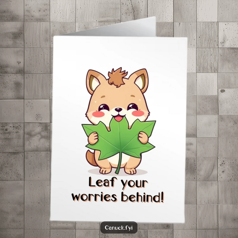 Funny Free Printable Birthday Card: A happy animal smirks triumphantly while holding a giant maple leaf, celebrating big.