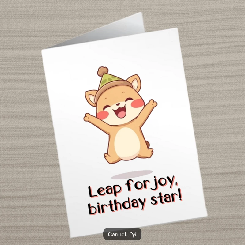 Funny Free Printable Birthday Card: Happy animal in toque leaps with joy, a guaranteed smile-maker for any celebration.