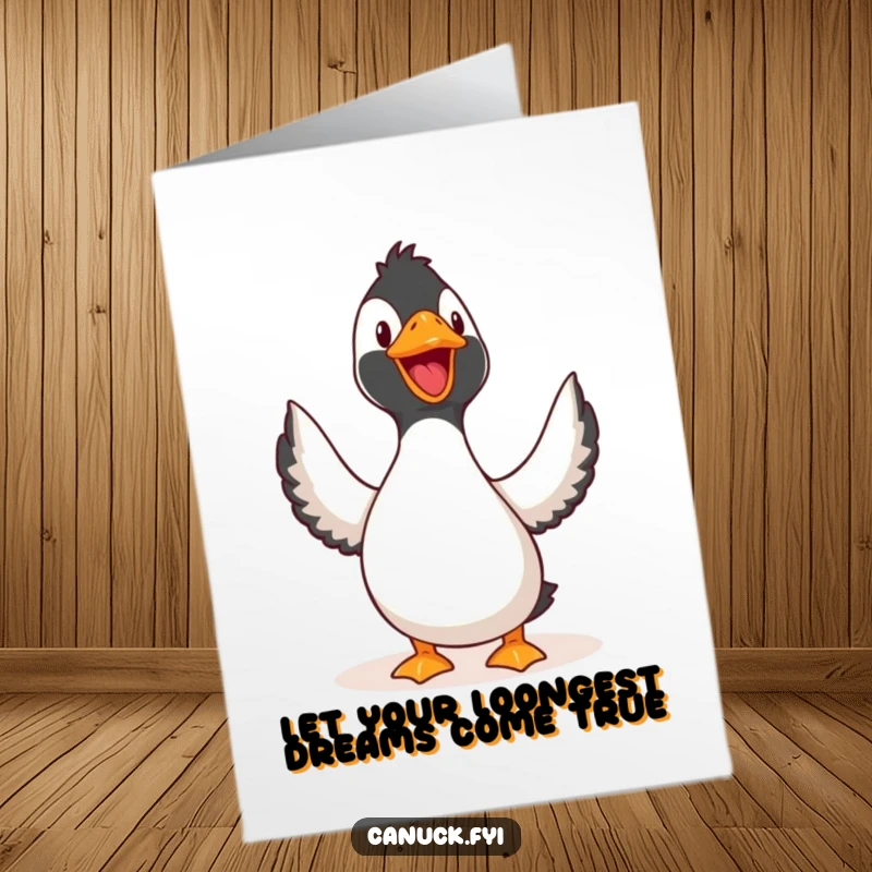 Funny Free Printable Birthday Card featuring a jubilant loon with its head held high, singing a happy tune.