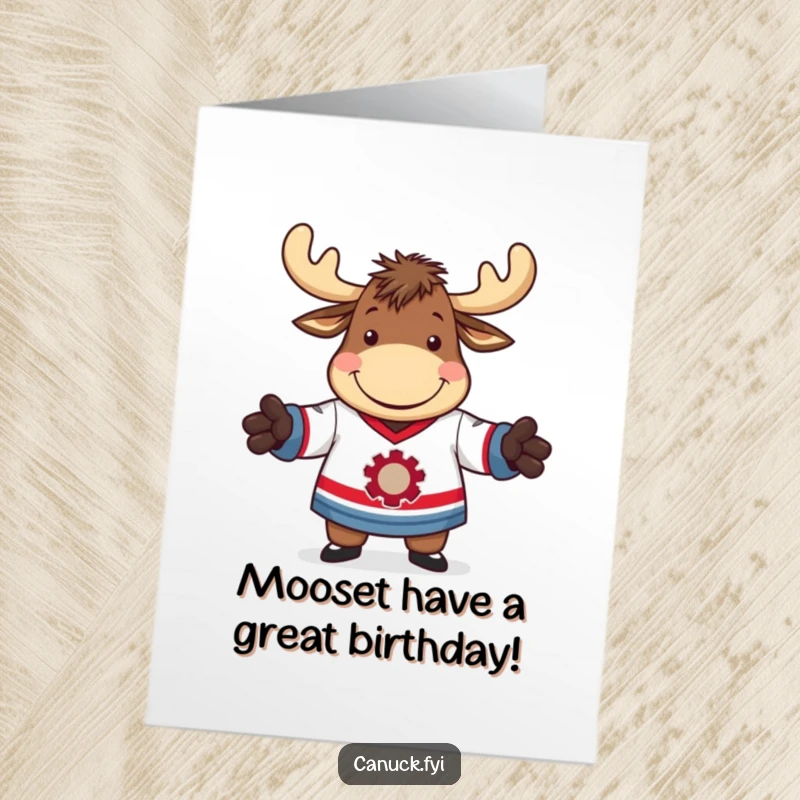 Funny Free Printable Birthday Card: A moose hilariously struggling to fit into a hockey jersey, grinning wide.