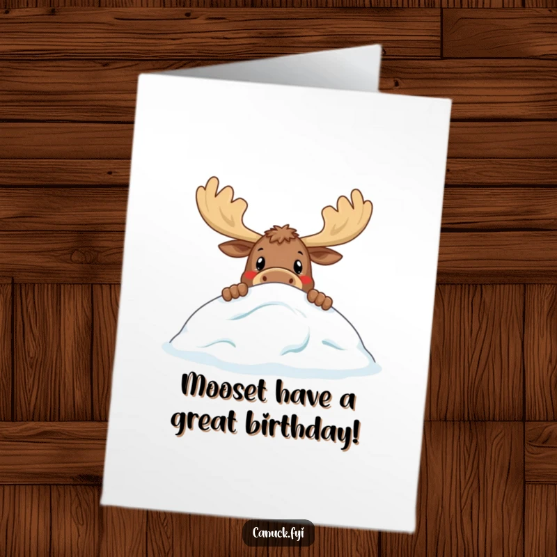 Funny Free Printable Birthday Card: Curious moose with big antlers peeking over snow, ready to wish a happy birthday.