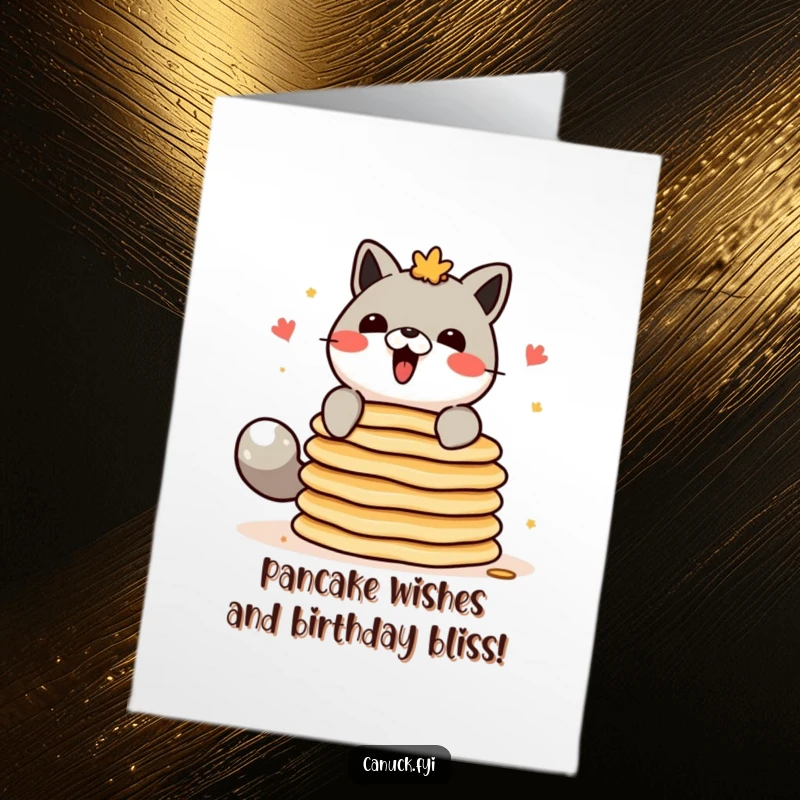 Funny free printable birthday card: A Canadian animal character struggling humorously to balance a tall stack of fluffy pancakes.