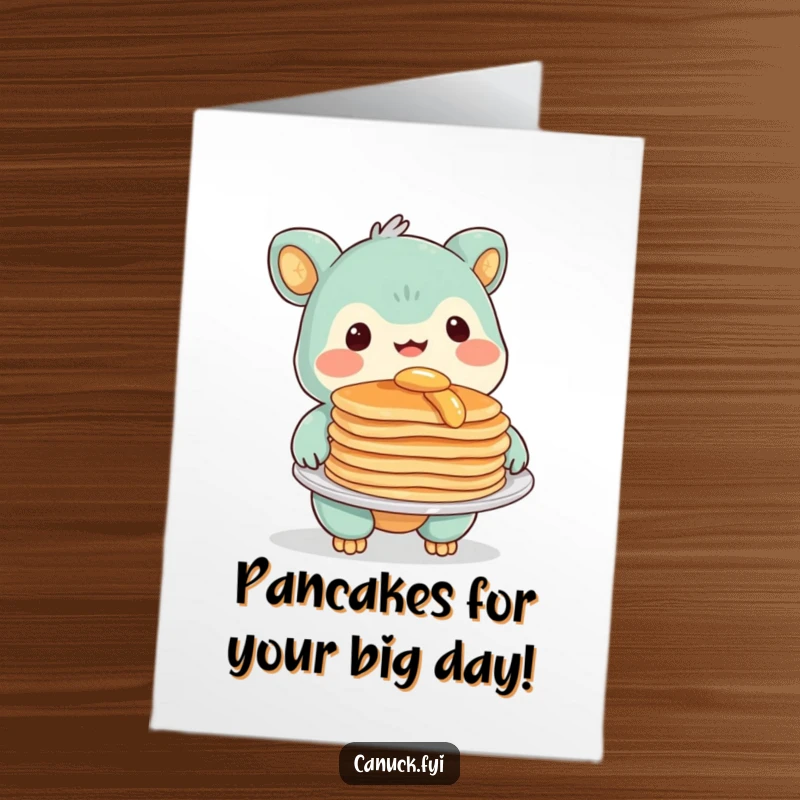 Funny free printable birthday card of a creature with a warm smile offering a delicious plate of pancakes, perfect for a sweet celebration.
