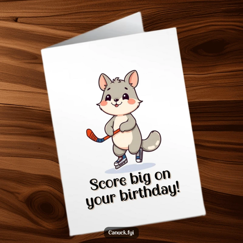 Funny Free Printable Birthday Card: Playful animal dances with a miniature hockey stick, celebrating the birthday with sporty enthusiasm.