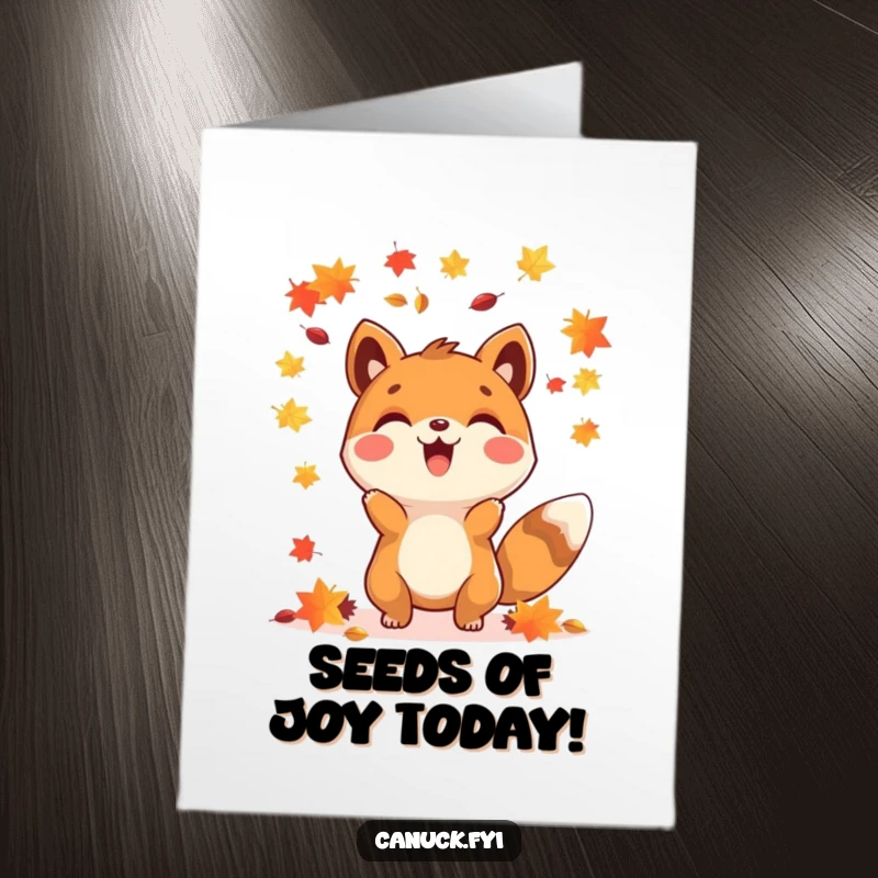 Funny Free Printable Birthday Card: Happy animal character joyfully throwing colorful maple seeds into the air.