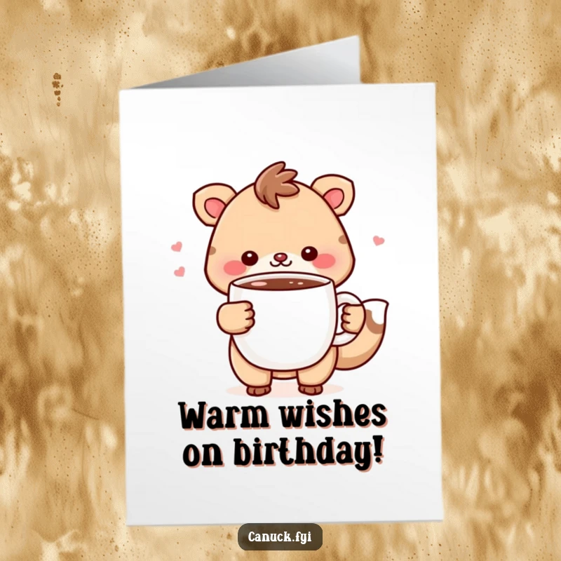Funny Free Printable Birthday Card: Cheerful animal enjoys hot chocolate, a perfect downloadable gift.