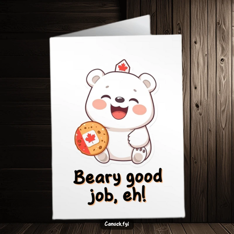 Funny Free Printable Congratulations Card: A polar bear laughs heartily while offering a tasty Canadian cookie.