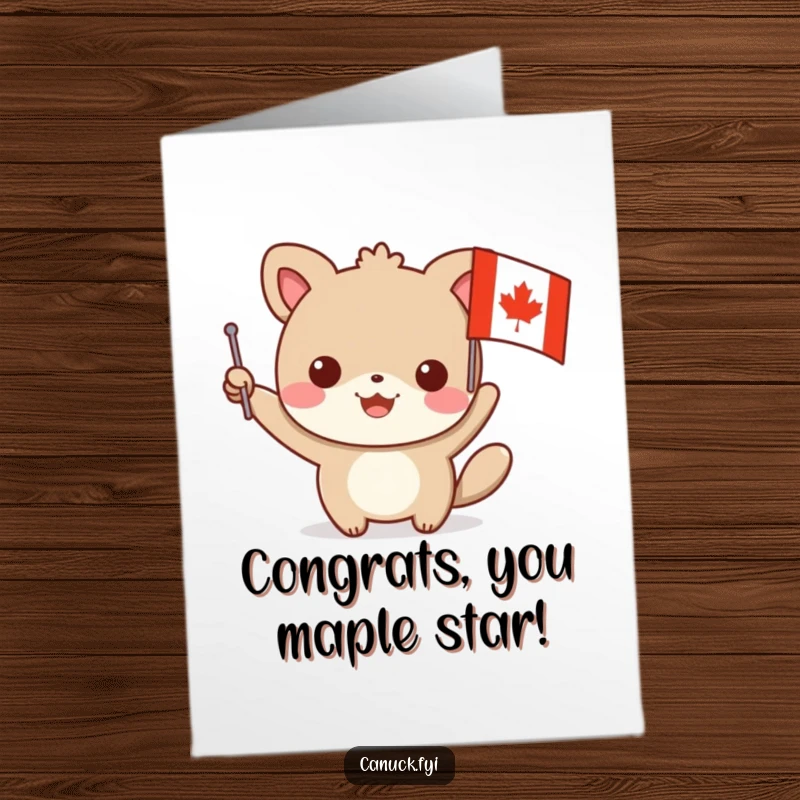Funny Free Printable Congratulations Card featuring a happy animal character waving a small flag adorned with a maple leaf.