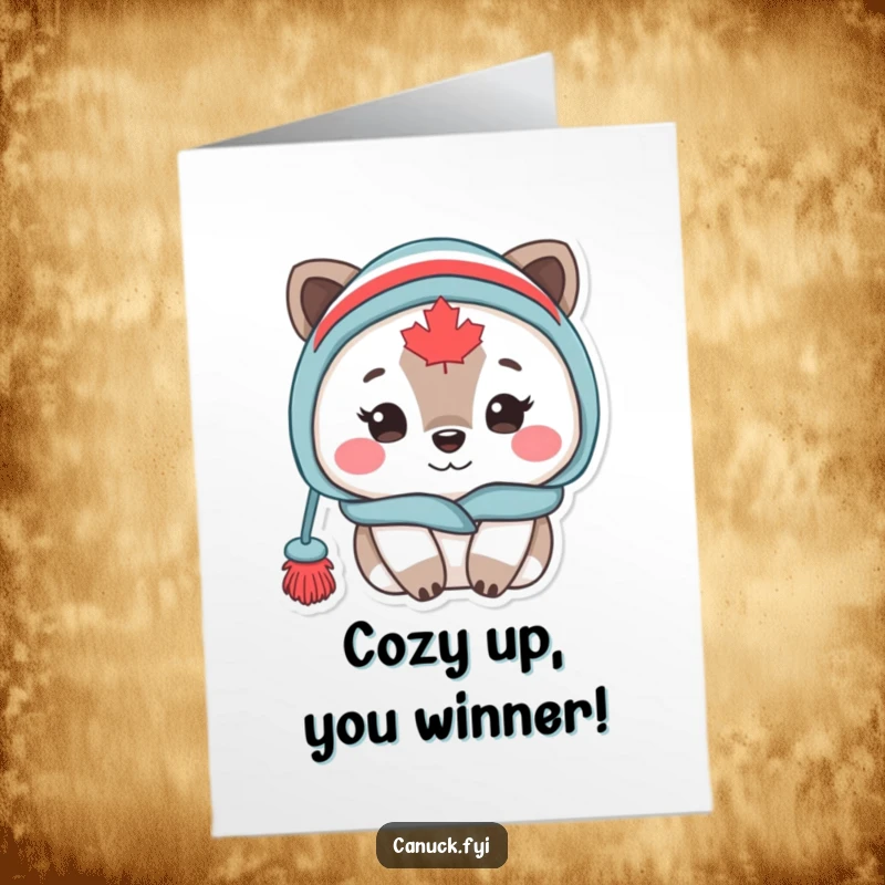 Funny Free Printable Congratulations Card: Cute Canadian animal wearing a toque, radiating coziness and warmth in celebration.