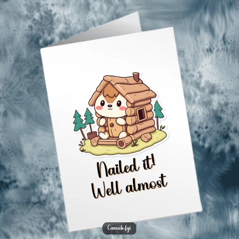 Funny Free Printable Congratulations Card: Animal builder humorously tackles a miniature log cabin, a great downloadable gift.