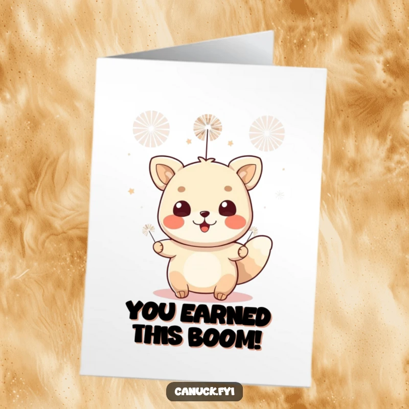 Funny Free Printable Congrats Card: A cheerful animal is surrounded by tiny fireworks, symbolizing a spectacular celebration of success.