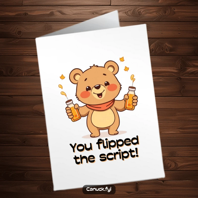 Funny Free Printable Congrats Card: A cheerful cartoon bear juggles maple syrup bottles, celebrating a sweet victory.