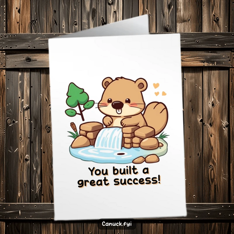 Funny free printable congratulations card of a stylized beaver character building a miniature dam, celebrating accomplishments with playful industry.
