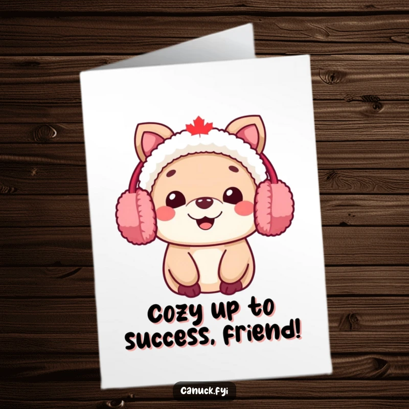 Free printable congratulations card: A cheerful Canadian animal character sporting fuzzy earmuffs, smiling broadly to congratulate someone.