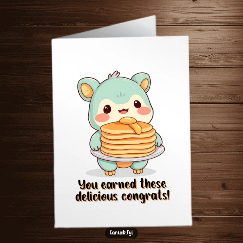 Funny free printable congratulations card of a creature with a warm smile offering a plate of pancakes, celebrating good news with a sweet treat.