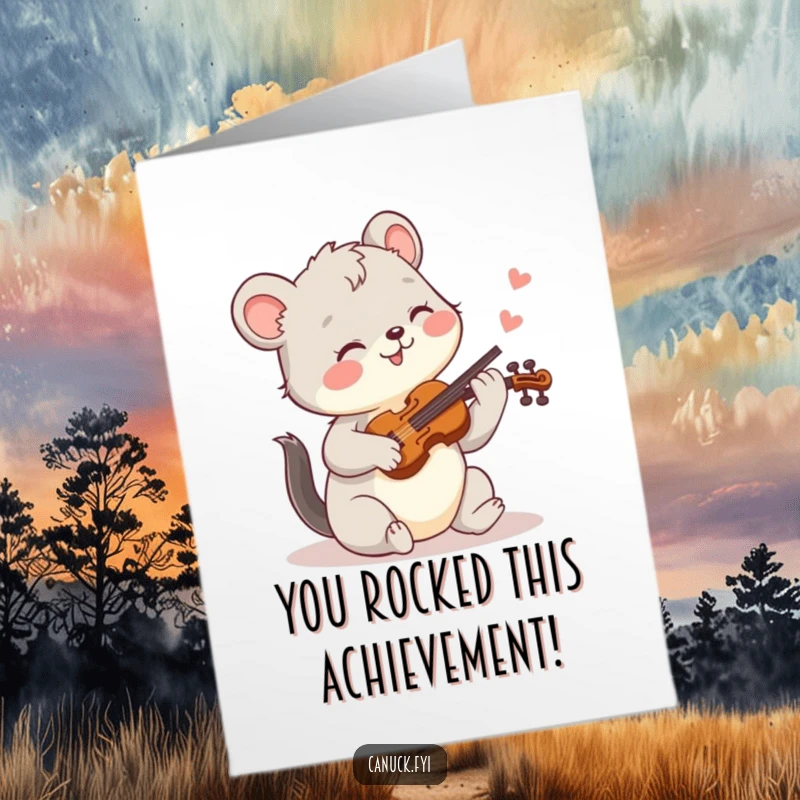 Funny Free Printable Congratulations Card showing a happy animal playing a small fiddle, celebrating a wonderful achievement.