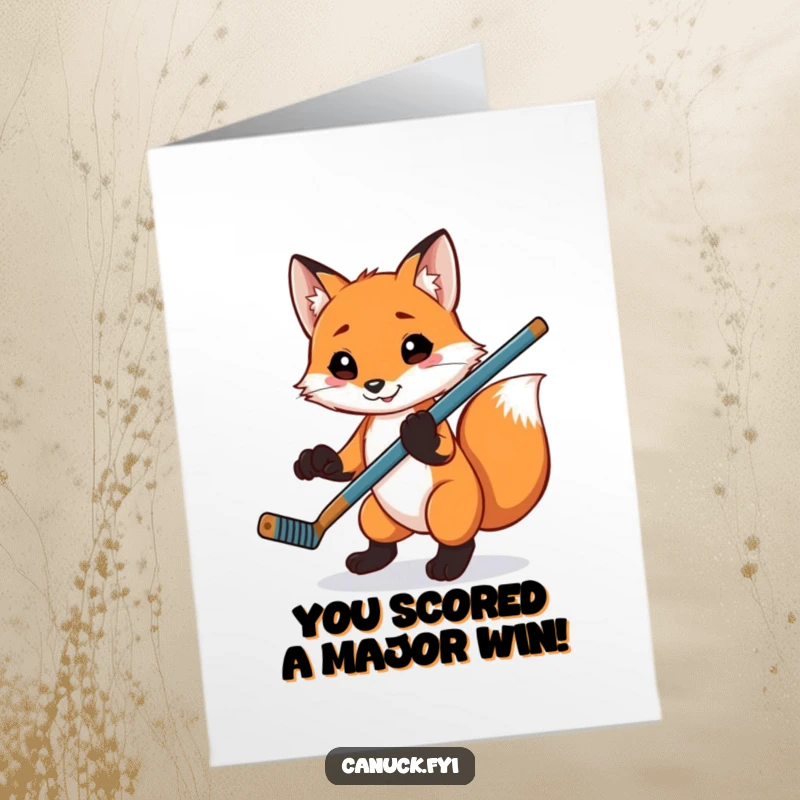 Funny Free Printable Congrats Card: Playful fox balances hockey stick, celebrating a successful congratulation.